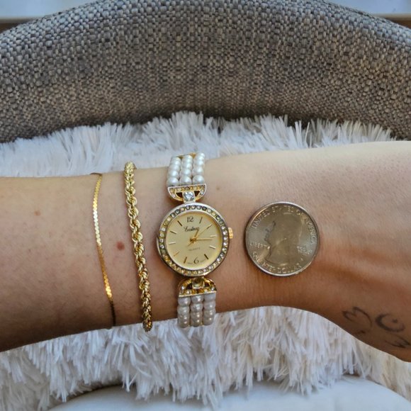 Eastman Quartz Gold Tone Pearl Rhinestone Watch - Picture 3 of 16